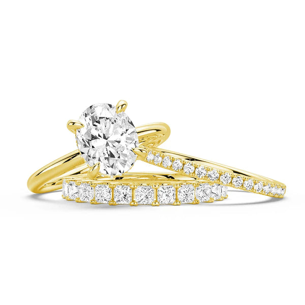 Oval Solitaire Hidden Halo Moissanite Ring Set with Matching Stacking Band
