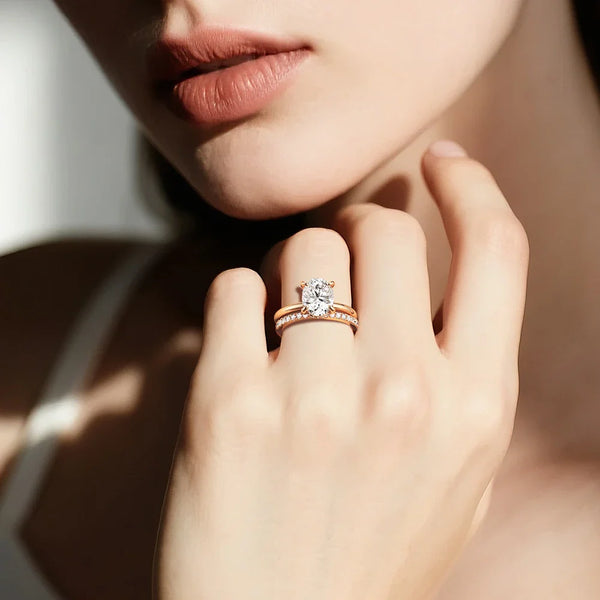 Oval Solitaire Hidden Halo Moissanite Ring Set with Matching Wedding Band