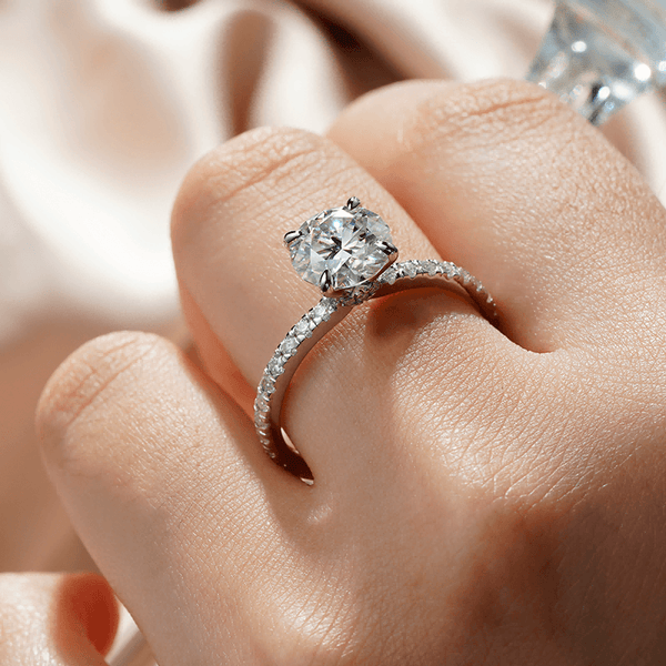 Pavé Band Round Moissanite Engagement Ring With Hidden Halo
