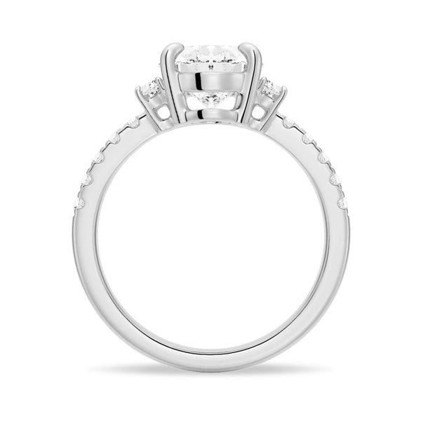Three Stone Oval & Half Moon Moissanite Engagement Ring with Pavé Band