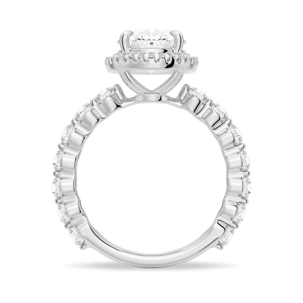 Oval Halo with Pavé Shared Prong Band Moissanite Engagement Ring