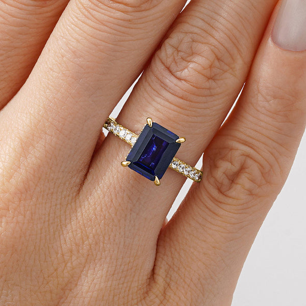 Emerald Cut Blue Sapphire and White Sapphire Ring