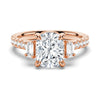 Three Stone Cushion & Half Moon Moissanite Engagement Ring with Pavé Band