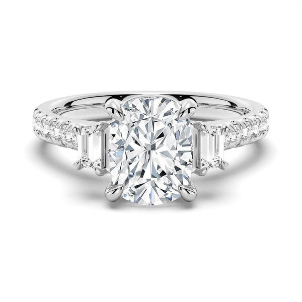 Three Stone Cushion & Half Moon Moissanite Engagement Ring with Pavé Band
