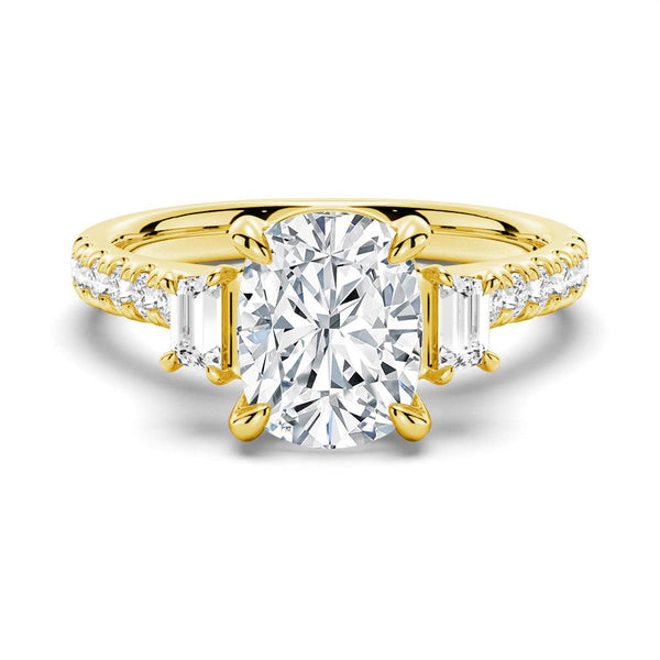 Three Stone Cushion & Half Moon Moissanite Engagement Ring with Pavé Band