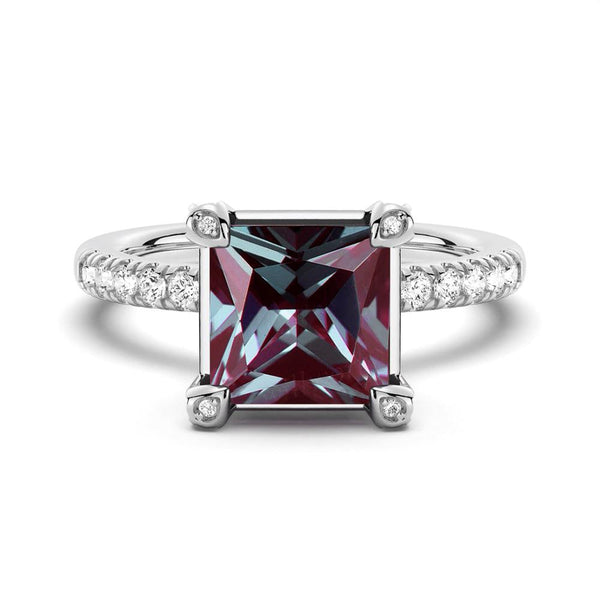 3 CT. Princess Cut Alexandrite Engagement Ring With Moissanite Accents