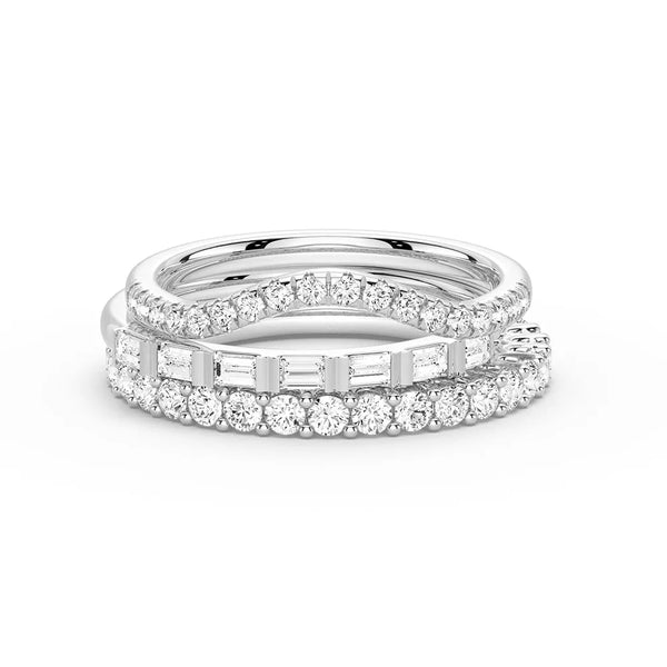 Baguette and Round Cut Moissanite Wedding Bands with French Pave Band Stacking Rings