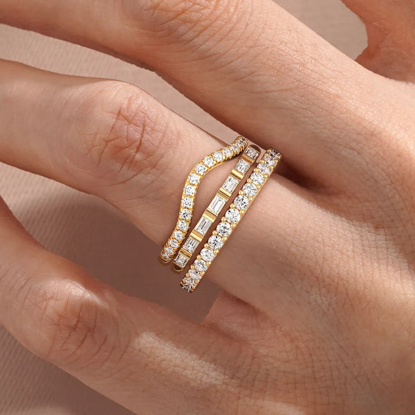 Baguette and Round Cut Moissanite Wedding Bands with French Pave Band Stacking Rings