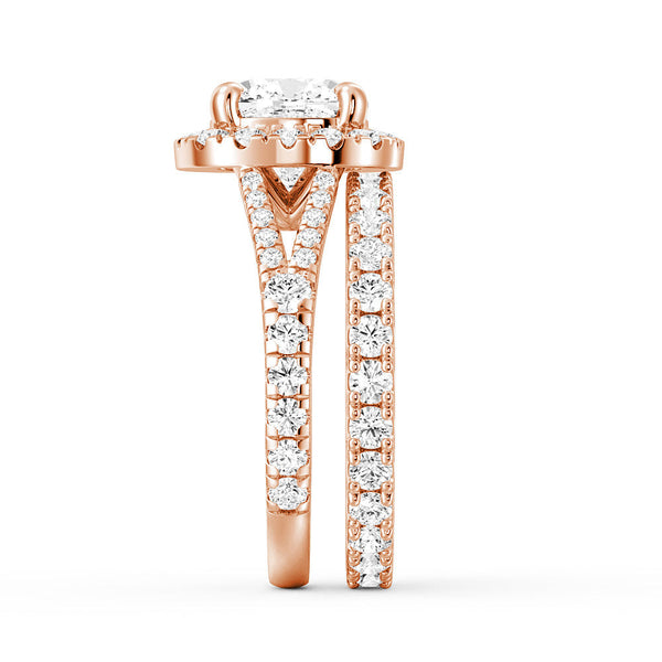 Halo Cushion Cut Split Shank Moissanite Ring Set with Matching Wedding Band