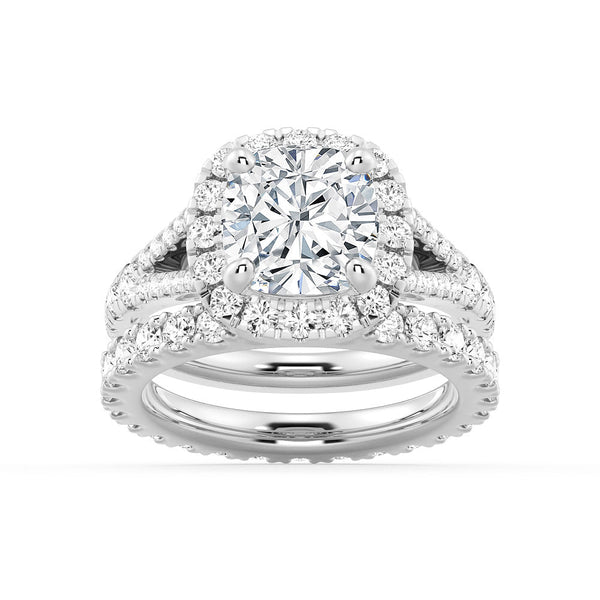 Halo Cushion Cut Split Shank Moissanite Ring Set with Matching Wedding Band