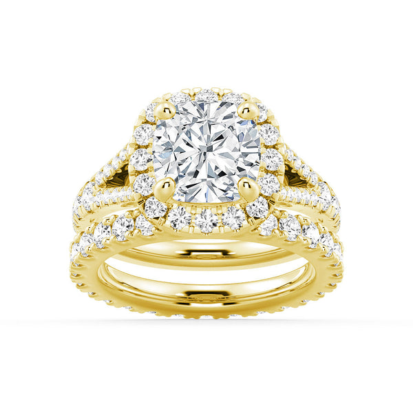 Halo Cushion Cut Split Shank Moissanite Ring Set with Matching Wedding Band