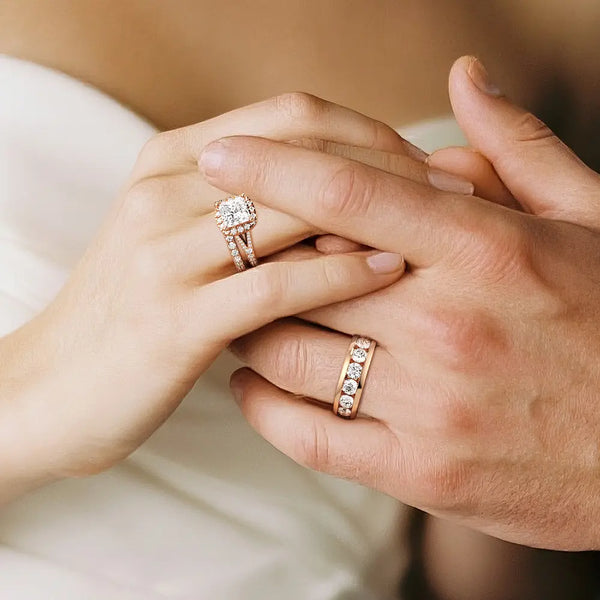 Princess Cut Split Shank Halo Moissanite Couple's Ring Set with Men's Wedding Band