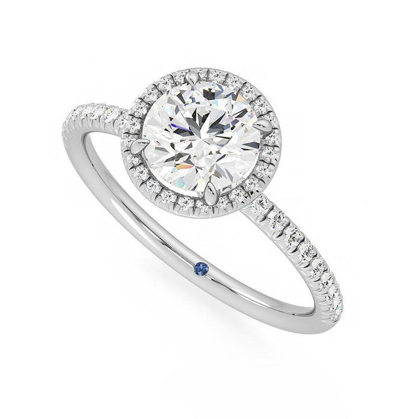 Round Halo Moissanite Engagement Ring with Hidden Anniversary Stone Accent