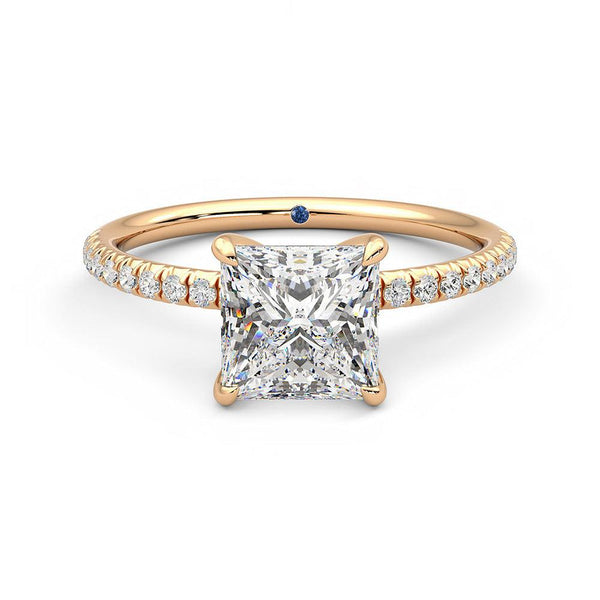 Four Prong Princess Cut Moissanite Engagement Ring with Hidden Anniversary Stone Accent