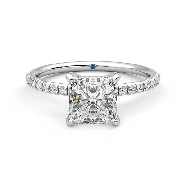Four Prong Princess Cut Moissanite Engagement Ring with Hidden Anniversary Stone Accent