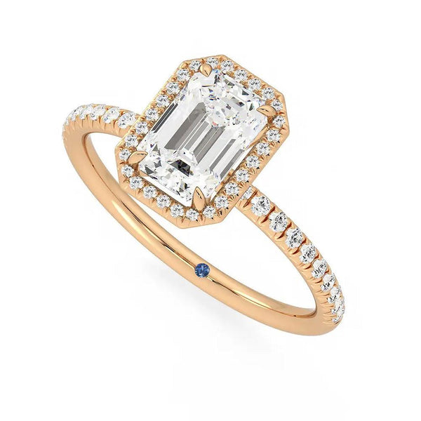 Classic Halo Emerald Cut Moissanite Engagement Ring with Hidden Anniversary Stone Accent