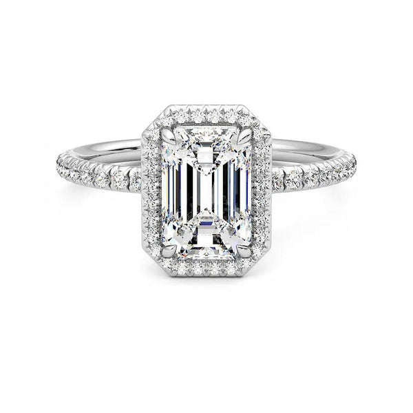 Classic Halo Emerald Cut Moissanite Engagement Ring with Hidden Anniversary Stone Accent