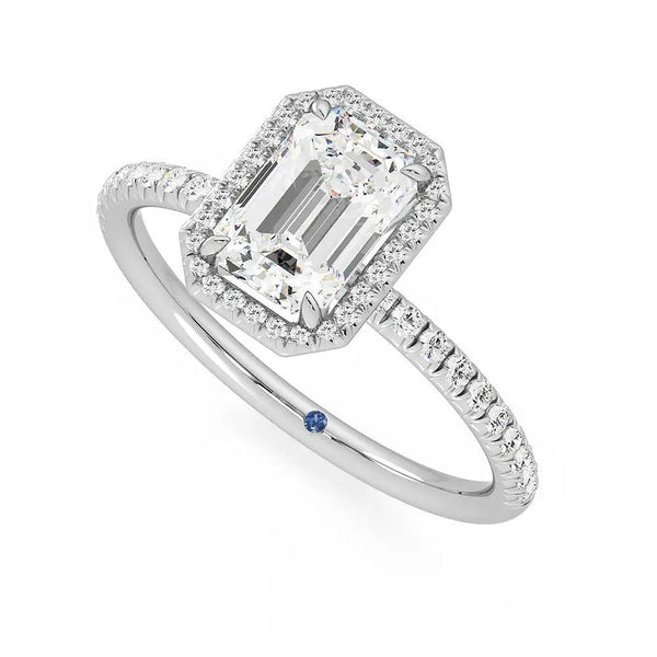 Classic Halo Emerald Cut Moissanite Engagement Ring with Hidden Anniversary Stone Accent