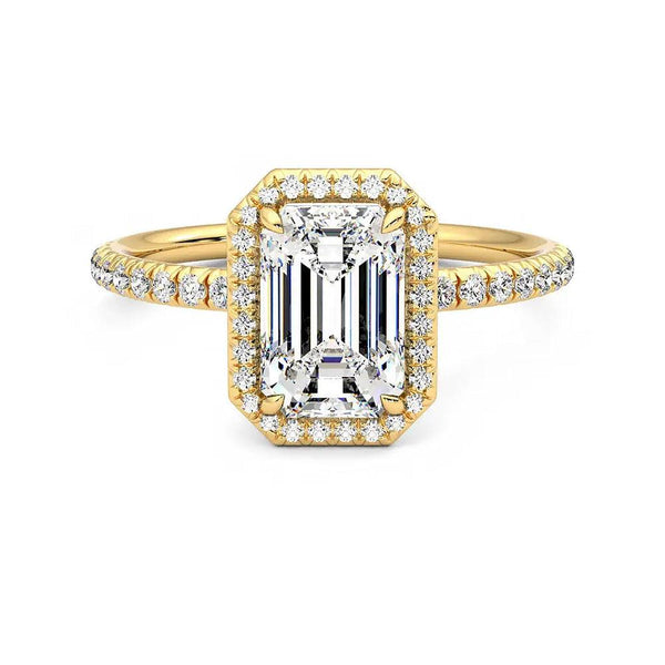 Classic Halo Emerald Cut Moissanite Engagement Ring with Hidden Anniversary Stone Accent