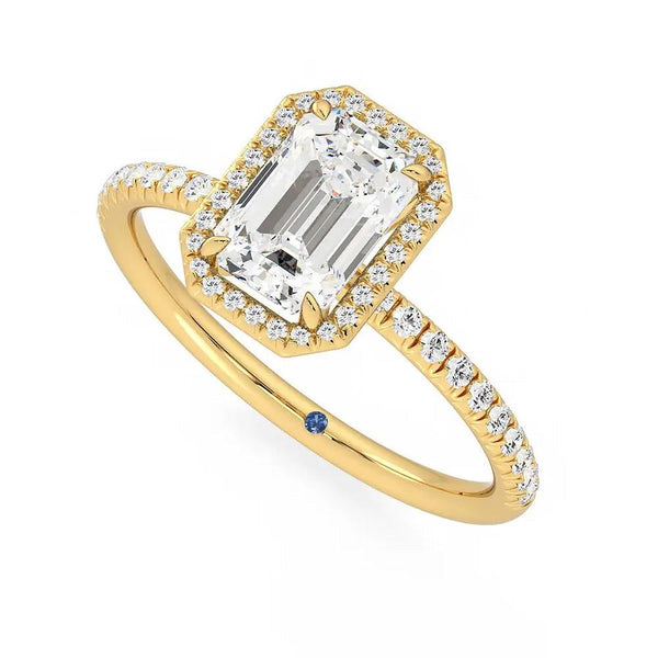 Classic Halo Emerald Cut Moissanite Engagement Ring with Hidden Anniversary Stone Accent