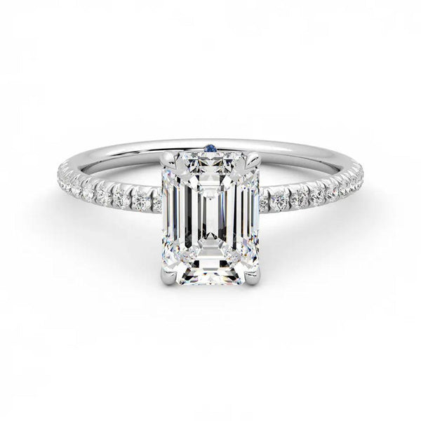 Four Prong Emerald Cut Moissanite Engagement Ring with Hidden Anniversary Stone Accent
