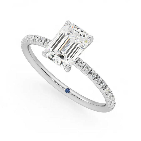 Four Prong Emerald Cut Moissanite Engagement Ring with Hidden Anniversary Stone Accent