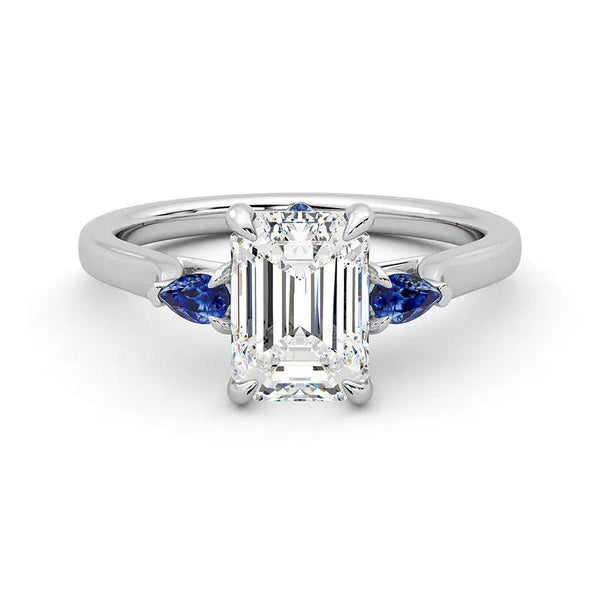 Three Stone Emerald Cut Moissanite Engagement Ring with Hidden Anniversary Stone Accent
