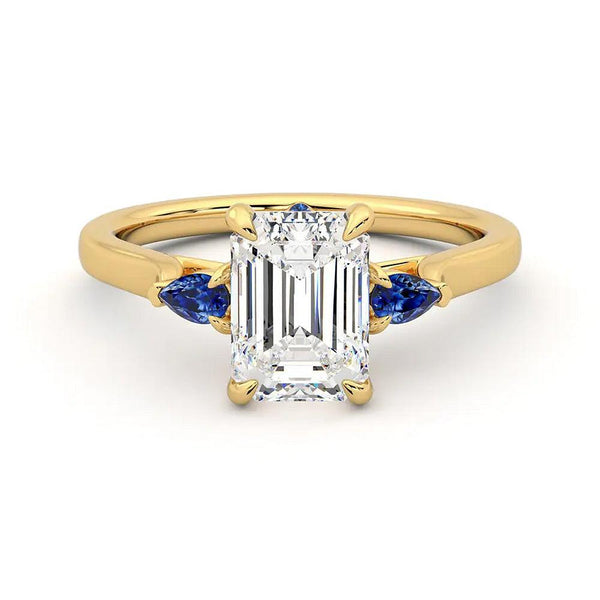 Three Stone Emerald Cut Moissanite Engagement Ring with Hidden Anniversary Stone Accent