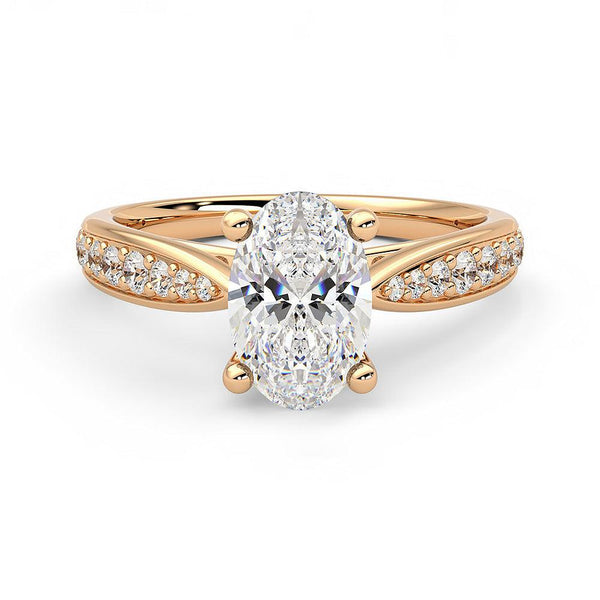 Oval Cut Moissanite Engagement Ring with Pavé Band and Hidden Anniversary Stone Accent