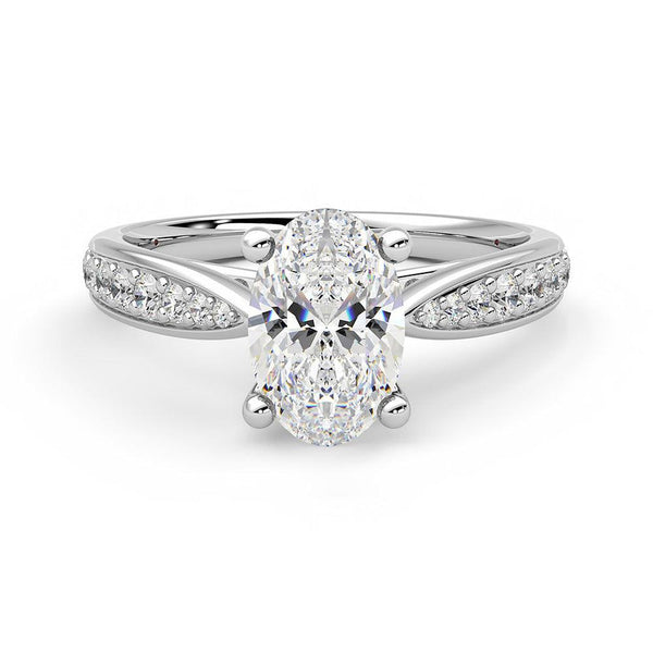 Oval Cut Moissanite Engagement Ring with Pavé Band and Hidden Anniversary Stone Accent