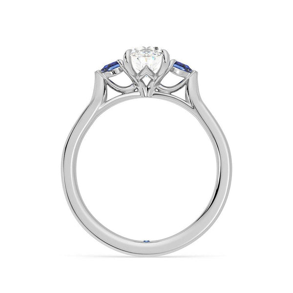 Three Stone Oval Cut Moissanite and Sapphire Engagement Ring with Hidden Anniversary Stone Accent