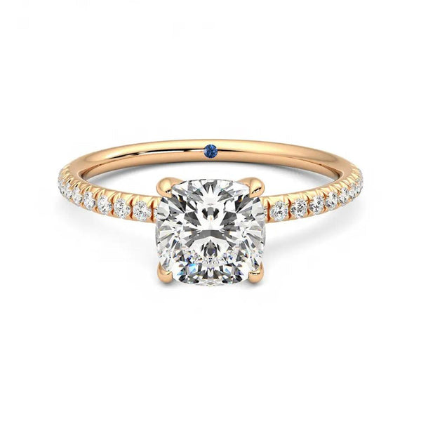 Four Prong Cushion Cut Moissanite Engagement Ring with Hidden Anniversary Stone Accent