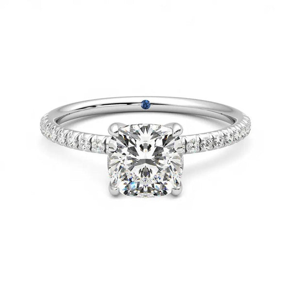 Four Prong Cushion Cut Moissanite Engagement Ring with Hidden Anniversary Stone Accent