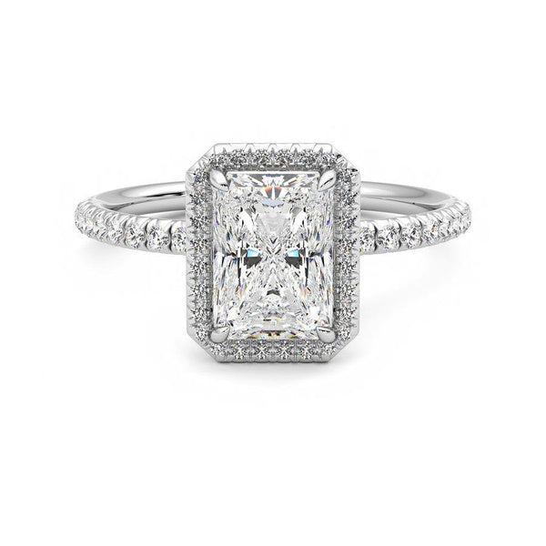 Classic Halo Radiant Cut Moissanite Engagement Ring with Hidden Anniversary Stone Accent