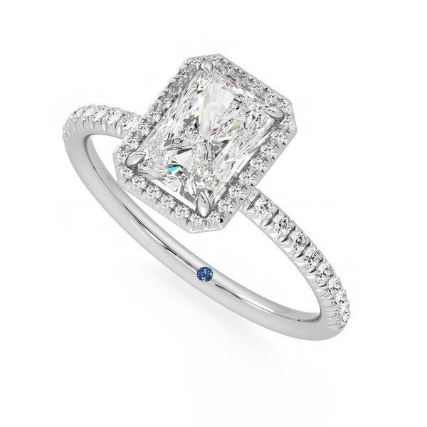 Classic Halo Radiant Cut Moissanite Engagement Ring with Hidden Anniversary Stone Accent