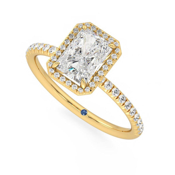 Classic Halo Radiant Cut Moissanite Engagement Ring with Hidden Anniversary Stone Accent