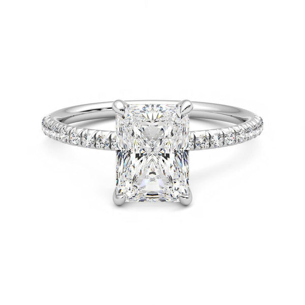 Four Prong Radiant Cut Moissanite Engagement Ring with Hidden Anniversary Stone Accent