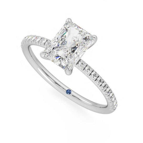 Four Prong Radiant Cut Moissanite Engagement Ring with Hidden Anniversary Stone Accent