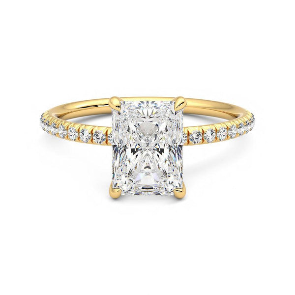 Four Prong Radiant Cut Moissanite Engagement Ring with Hidden Anniversary Stone Accent