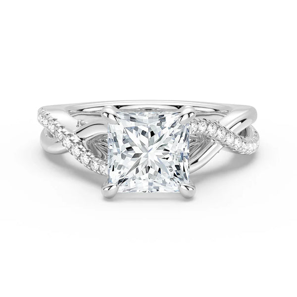 Princess Cut Moissanite Twisted Band Engagement Ring with Hidden Accents