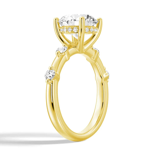 Round Cut Moissanite Ring with Diamond Spaced Band and Hidden Halo