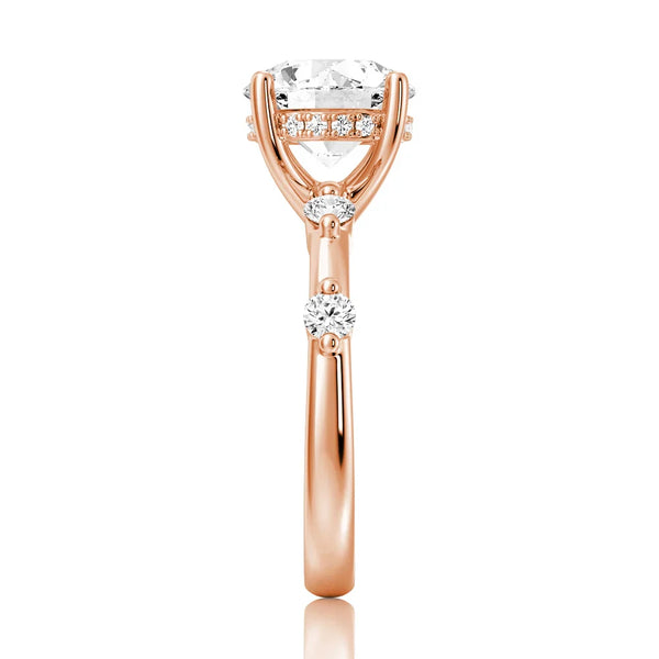 Round Cut Moissanite Ring with Diamond Spaced Band and Hidden Halo