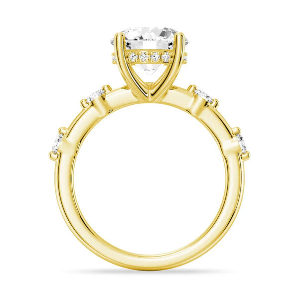 Round Cut Moissanite Ring with Diamond Spaced Band and Hidden Halo