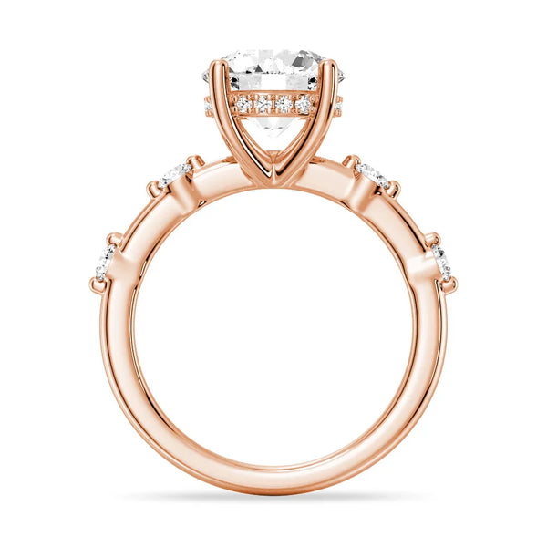 Round Cut Moissanite Ring with Diamond Spaced Band and Hidden Halo