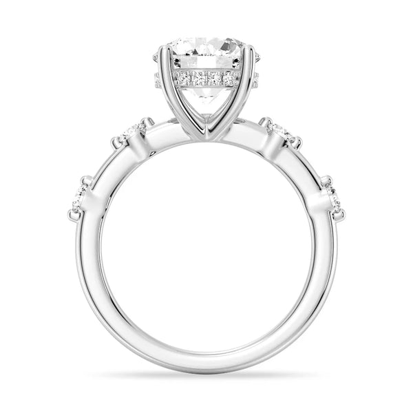 Round Cut Moissanite Ring with Diamond Spaced Band and Hidden Halo