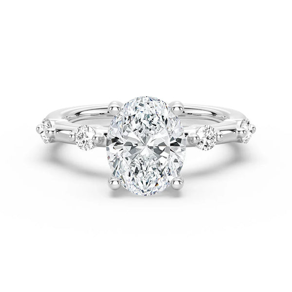 Oval Cut Moissanite Ring with Diamond Spaced Band and Hidden Halo