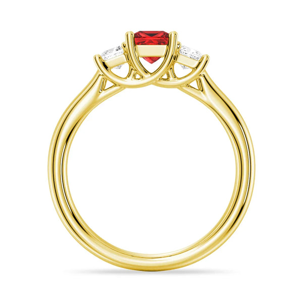 Lab Grown Ruby and Princess Cut Diamond Three Stone Ring
