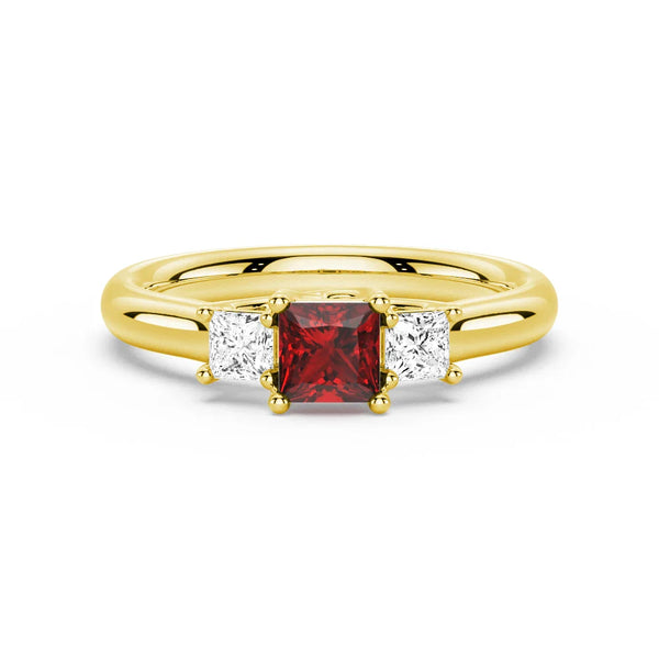 Lab Grown Ruby and Princess Cut Diamond Three Stone Ring