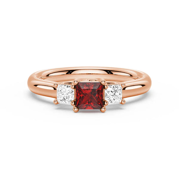 Lab Grown Ruby and Princess Cut Diamond Three Stone Ring