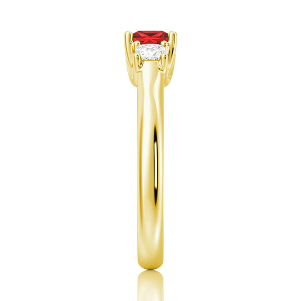 Lab Grown Ruby and Princess Cut Diamond Three Stone Ring